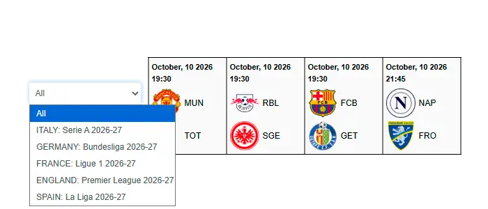Multi-league selection match slider sport widget Multi-league selection match slider sport widget